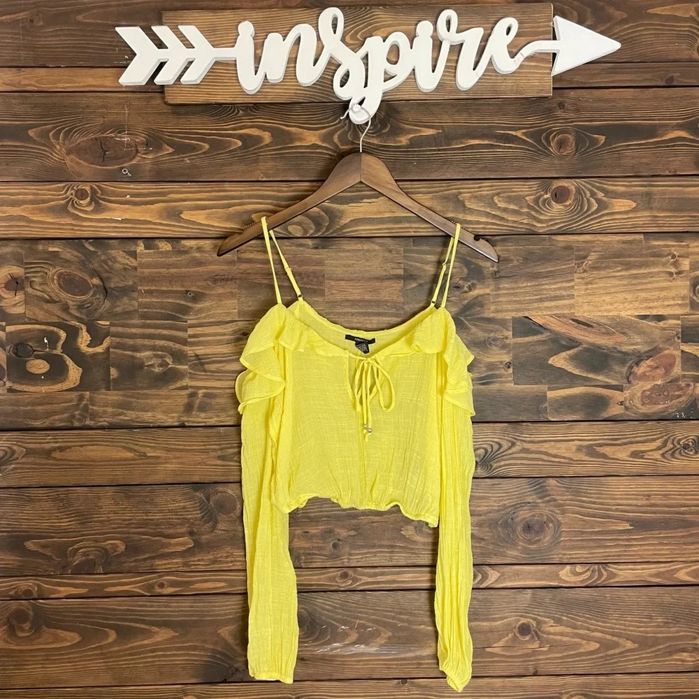Forever 21‎ | Cold Shoulder Ruffle Keyhole Peasant Cropped Blouse Yellow